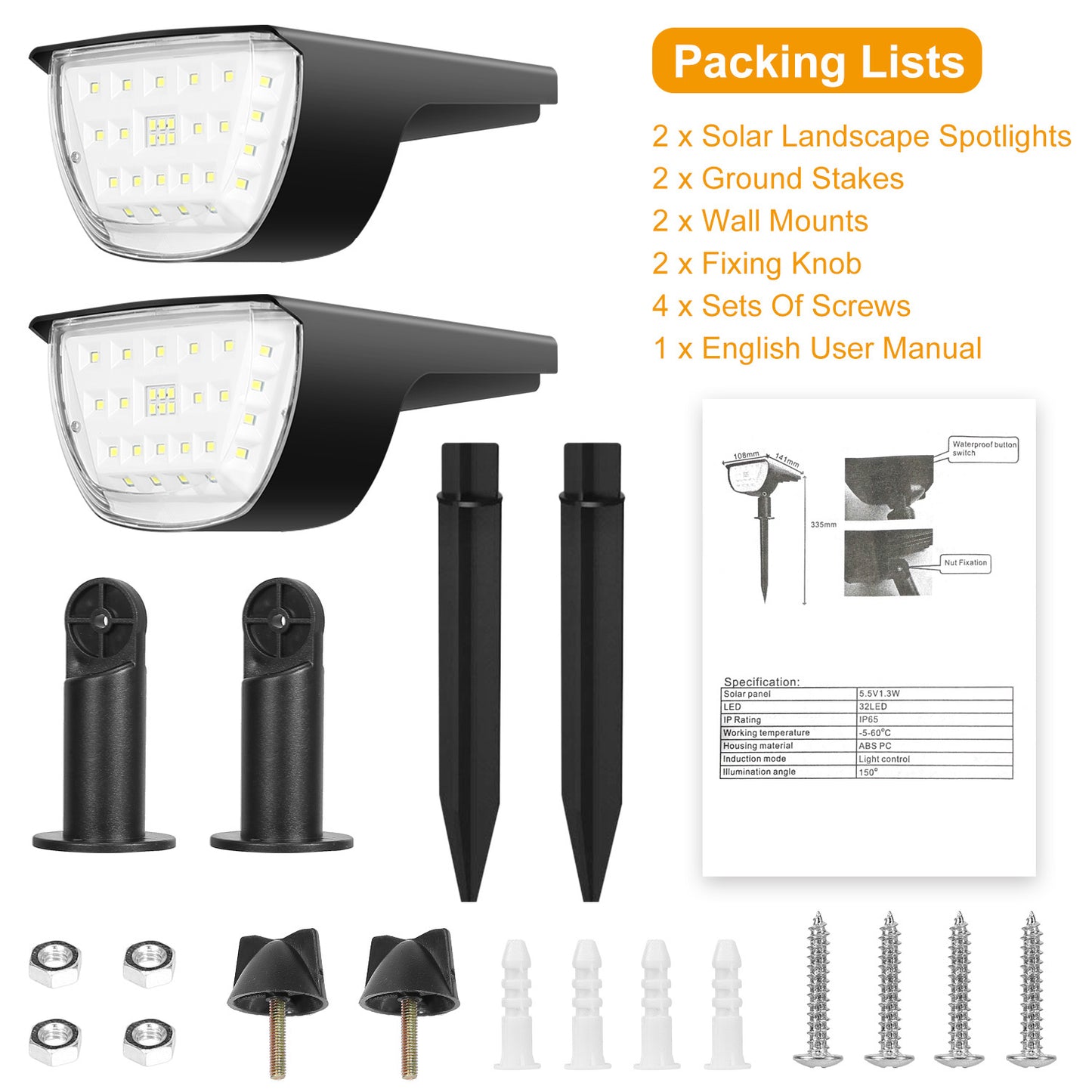 Solar Garden Spotlights 2-Pack – 800 Lumen Adjustable Outdoor Landscape Lights